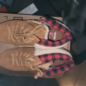 Tan and Red Suede Boots with Plaid Lining